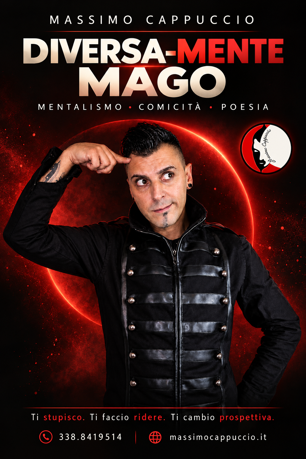 Diversa-mente mago: mentalismo, comicità e poesia. La mia locandina con il ritratto, il logo e i contatti.