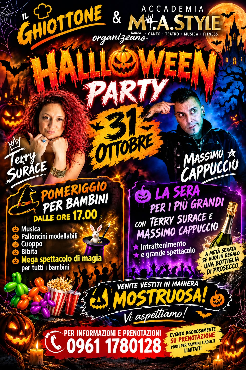 Locandina Halloween Party del 31 ottobre 2026 con Terry Surace e Massimo Cappuccio.